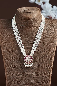 Gold Finish Moissanite Polki & Pearl Long Necklace In Sterling Silver