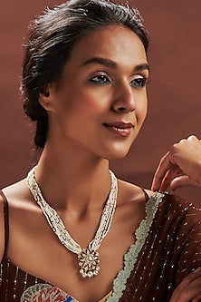 Gold Finish Moissanite Polki & Pearl Long Necklace In Sterling Silver