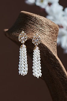 Gold Finish Moissanite Polki & Pearl Dangler Earrings In Sterling Silver