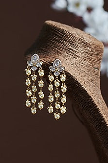 Gold Finish Moissanite Polki & Pearl Dangler Earrings In Sterling Silver