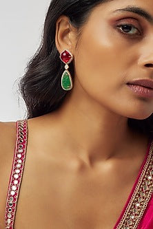 Gold Finish Moissanite Polki & Multi-Colored Stone Dangler Earrings In Sterling Silver