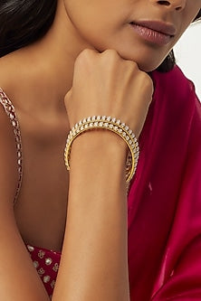 Gold Finish Moissanite Polki Bangles In Sterling Silver (Set of 2)