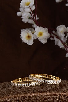 Gold Finish Moissanite Polki Bangles In Sterling Silver (Set of 2)