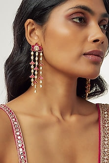 Gold Finish Moissanite Polki & Red Stone Dangler Earrings In Sterling Silver