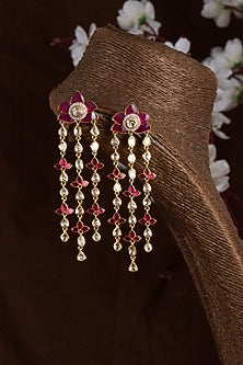 Gold Finish Moissanite Polki & Red Stone Dangler Earrings In Sterling Silver