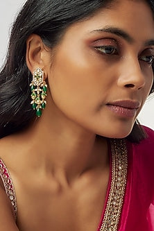 Gold Finish Moissanite Polki & Synthetic Green Stone Dangler Earrings In Sterling Silver