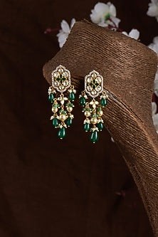 Gold Finish Moissanite Polki & Synthetic Green Stone Dangler Earrings In Sterling Silver