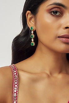 Gold Finish Moissanite Polki & Synthetic Green Stone Dangler Earrings In Sterling Silver