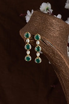 Gold Finish Moissanite Polki & Synthetic Green Stone Dangler Earrings In Sterling Silver