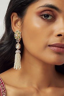 Gold Finish Moissanite Polki Dangler Earrings In Sterling Silver