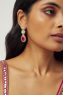 Gold Finish Moissanite Polki & Red Stone Dangler Earrings In Sterling Silver