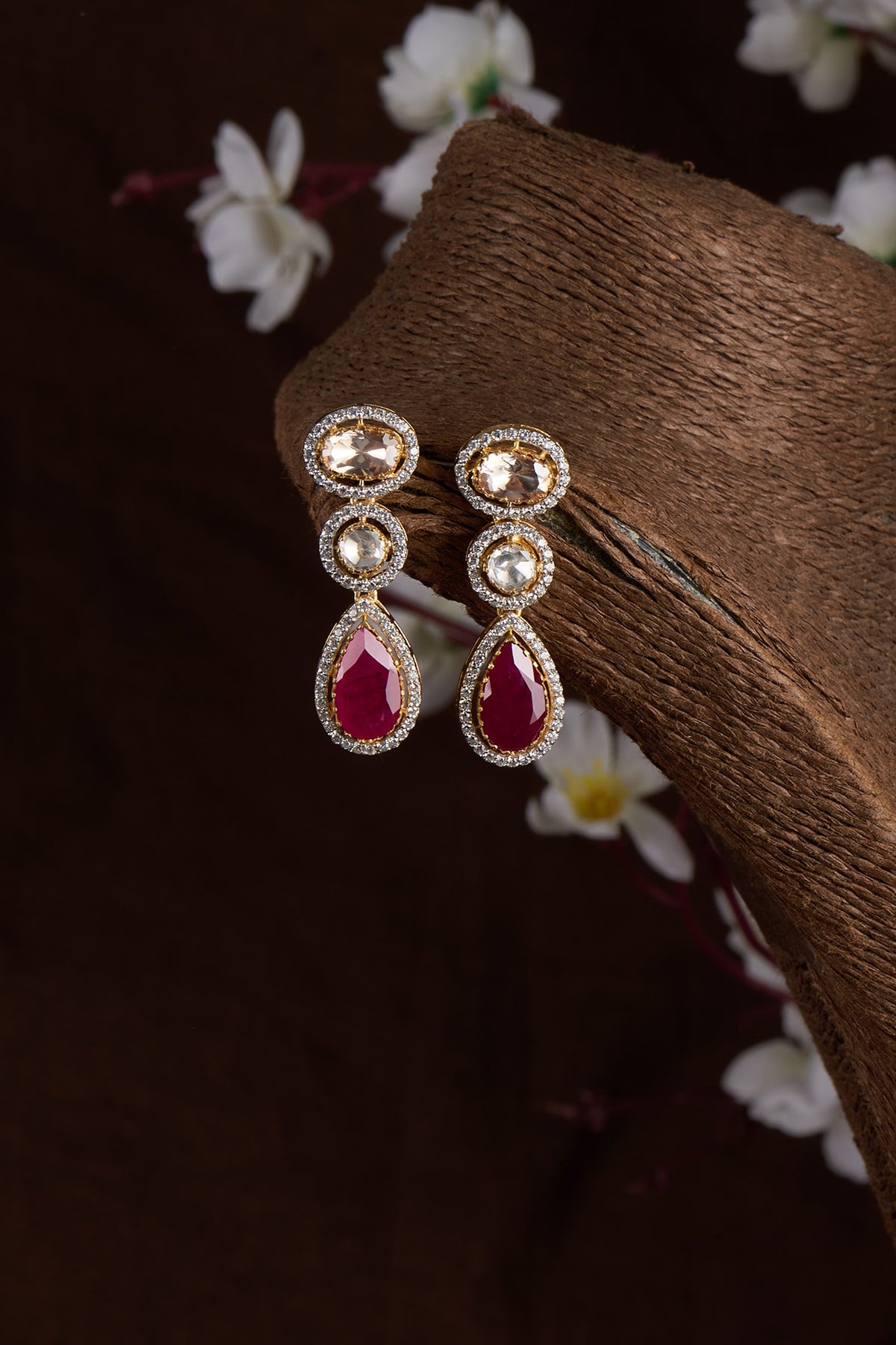 Gold Finish Moissanite Polki & Red Stone Dangler Earrings In Sterling Silver