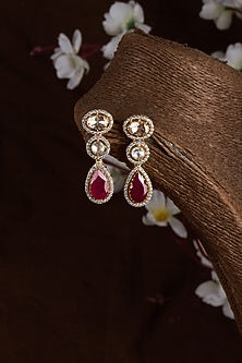 Gold Finish Moissanite Polki & Red Stone Dangler Earrings In Sterling Silver