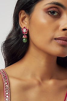 Gold Finish Moissanite Polki & Red Stone Dangler Earrings In Sterling Silver