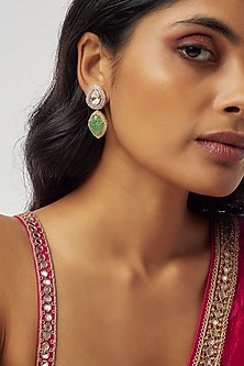 Gold Finish Moissanite Polki & Synthetic Green Stone Dangler Earrings In Sterling Silver
