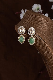 Gold Finish Moissanite Polki & Synthetic Green Stone Dangler Earrings In Sterling Silver