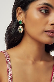 Gold Finish Moissanite Polki & Synthetic Green Stone Dangler Earrings In Sterling Silver