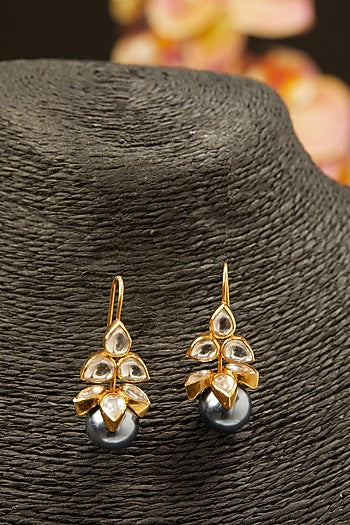 Gold Finish Moissanite Kundan Polki Stud Earrings In Sterling Silver