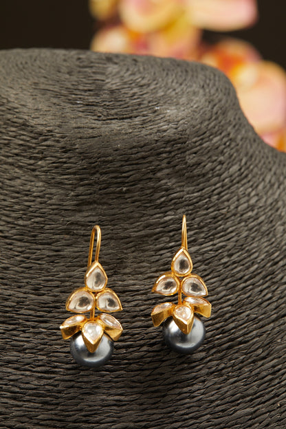 Gold Finish Moissanite Kundan Polki Stud Earrings In Sterling Silver