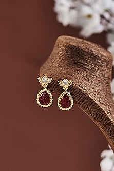 Gold Finish Moissanite Polki & Ruby Stone Dangler Earrings In Sterling Silver