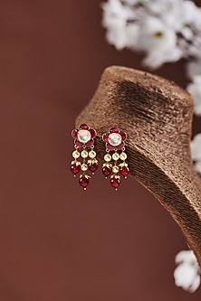 Gold Finish Moissanite & Ruby Synthetic Stones Dangler Earrings In Sterling Silver
