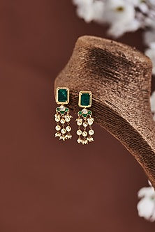 Gold Finish Moissanite & Emerald Synthetic Stone Dangler Earrings In Sterling Silver