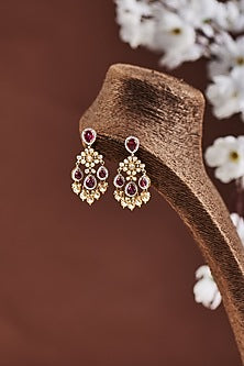 Gold Finish Moissanite & Ruby Synthetic Stones Dangler Earrings In Sterling Silver