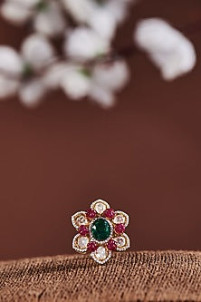 Gold Finish Faux Emerald & Ruby Ring In Sterling Silver