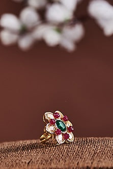 Gold Finish Faux Emerald & Ruby Ring In Sterling Silver
