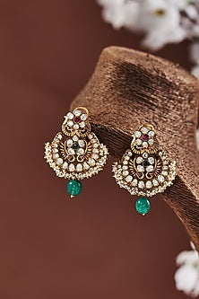 Gold Finish Moissanite & Ruby Synthetic Stones Chandbali Earrings In Sterling Silver