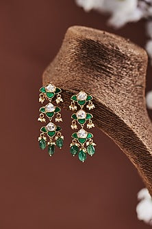 Gold Finish Moissanite & Emerald Synthetic Stone Dangler Earrings In Sterling Silver