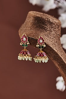 Gold Finish Moissanite & Ruby Synthetic Stones Jhumka Earrings In Sterling Silver