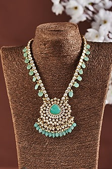 Gold Finish Moissanite Polki Long Necklace In Sterling Silver