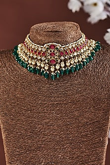 Gold Finish Faux Emeralds & Ruby Choker Necklace In Sterling Silver