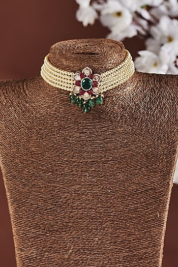 Gold Finish Faux Emeralds & Ruby Choker Necklace In Sterling Silver