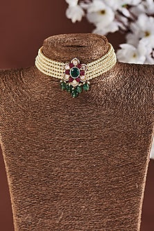 Gold Finish Faux Emeralds & Ruby Choker Necklace In Sterling Silver