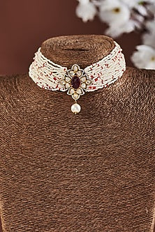 Gold Finish Pearls & Moissanite Polki Choker Necklace In Sterling Silver
