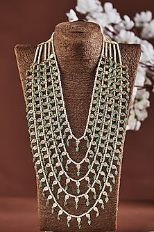 Gold Finish Layered Long Necklace With Pearls In Sterling Silver