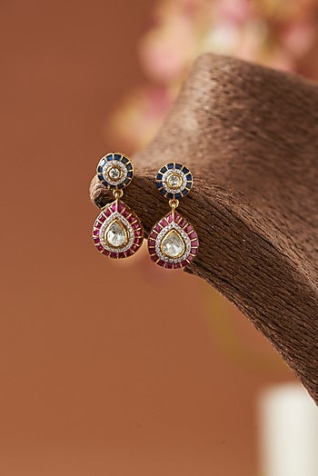 Gold Finish Moissanite Polki & Ruby Stone Dangler Earrings In Sterling Silver