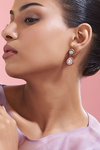 Gold Finish Moissanite Polki & Ruby Stone Dangler Earrings In Sterling Silver