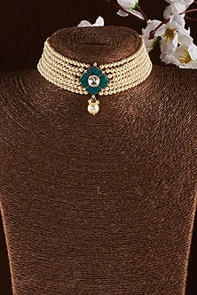 Gold Finish Moissanite Polki & Pearl Choker Necklace In Sterling Silver