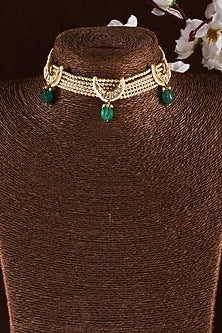 Gold Finish Moissanite Polki & Pearls Choker Necklace In Sterling Silver