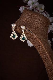 Gold Finish Moissanite Polk & Green Stone Dangler Earrings In Sterling Silver