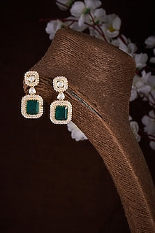 Gold Finish Moissanite Polk & Green Stone Dangler Earrings In Sterling Silver