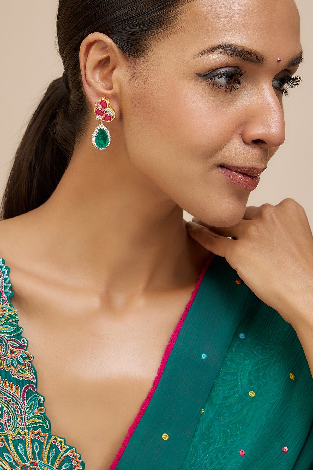Gold Finish Moissanite Polki & Multi-Colored Stone Dangler Earrings In Sterling Silver