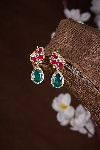 Gold Finish Moissanite Polki & Multi-Colored Stone Dangler Earrings In Sterling Silver