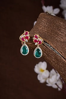 Gold Finish Moissanite Polki & Multi-Colored Stone Dangler Earrings In Sterling Silver