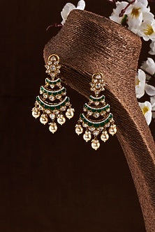 Gold Finish Moissanite Polki & Pearl Dangler Earrings In Sterling Silver