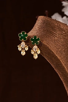 Gold Finish Moissanite Polki & Emerald Synthetic Stone Dangler Earrings In Sterling Silver