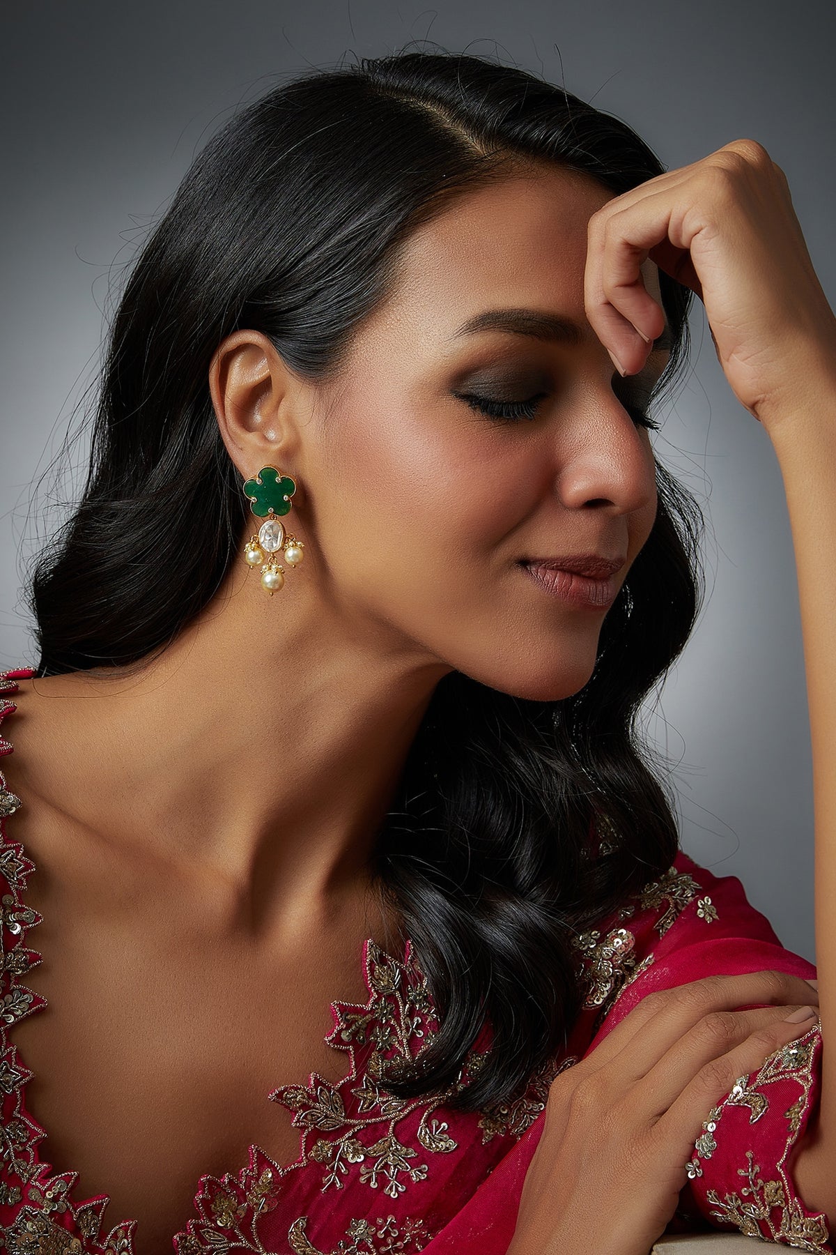 Gold Finish Moissanite Polki & Emerald Synthetic Stone Dangler Earrings In Sterling Silver